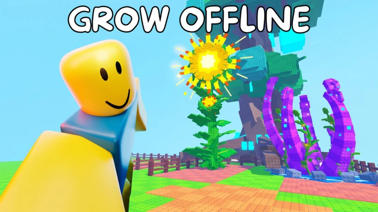 Official Grow a Plant promotional art showing a block avatar, a tall sunflower and unusual purple plants in a garden